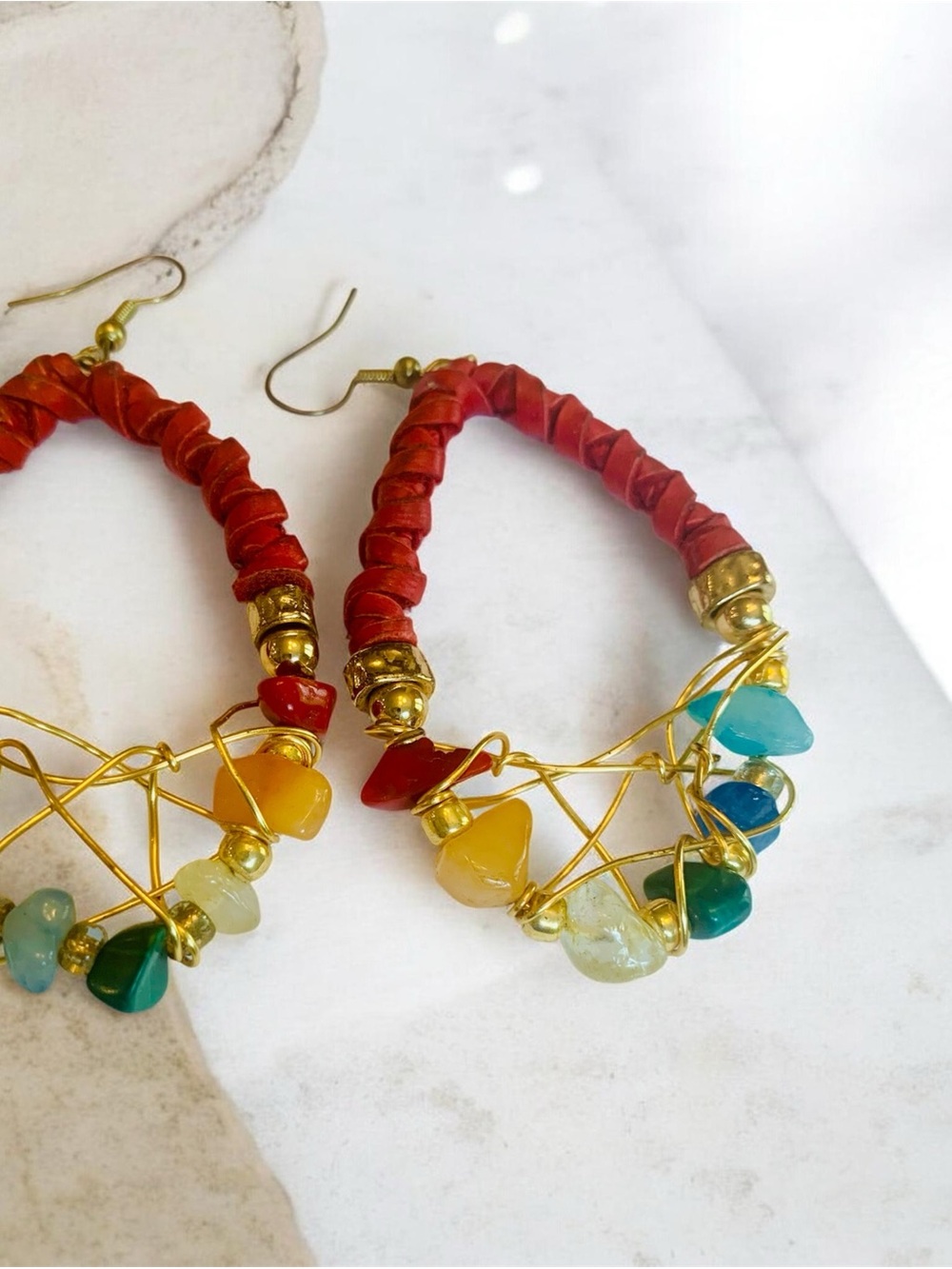 Artisan Vibrant Red Leather Wrapped Hoop Earrings with Multicolor Gemstone Chips